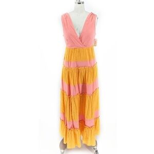 LDT Striped Ruffle Tiered Maxi Dress Orange Pink 6 bohemian preppy cottagecore